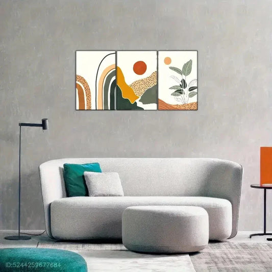3pcs Sun Mountain Plant Geometric Pattern Art Metal Print Ready to Hang Art