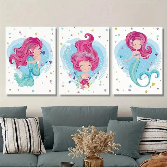 3pcs Pink Hair, Light Blue Body, Cartoon Metal Print Ready to Hang Art