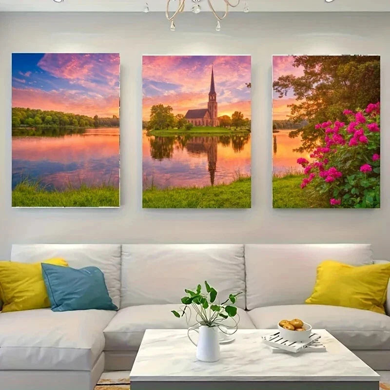 3pcs A Beautiful Sunset Over a Lake Metal Print Ready to Hang Art