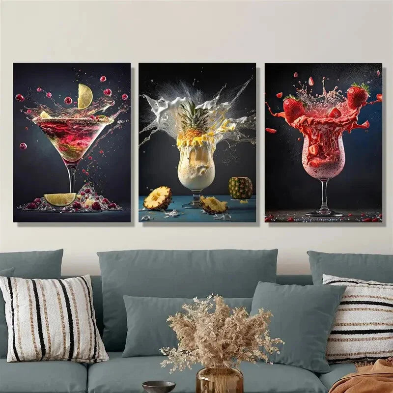 3pcs ,Abstract lemon pineapple strawberry splash Metal Print Ready to Hang Art