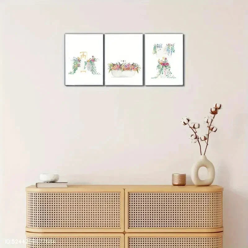 3pcs Bathtub Toilet Floral Art Botanical Water Metal Print Ready to Hang Art