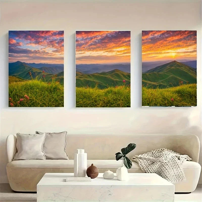 3pcs A Vibrant Sunset Over a Mountainous Metal Print Ready to Hang Art