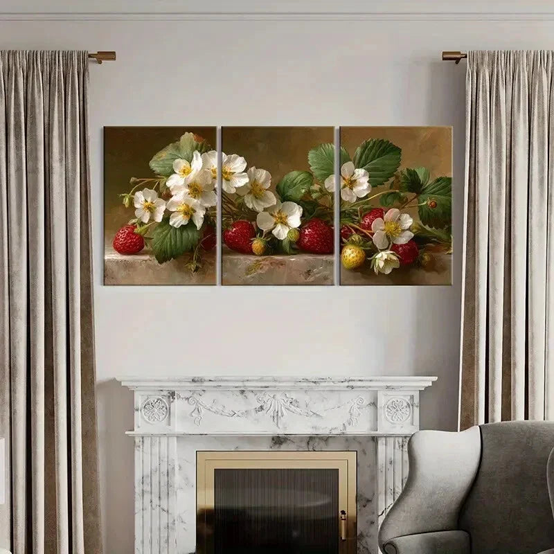3pcs - Vibrant Strawberry Blossoms & White Flowers Metal Print Ready to Hang Art