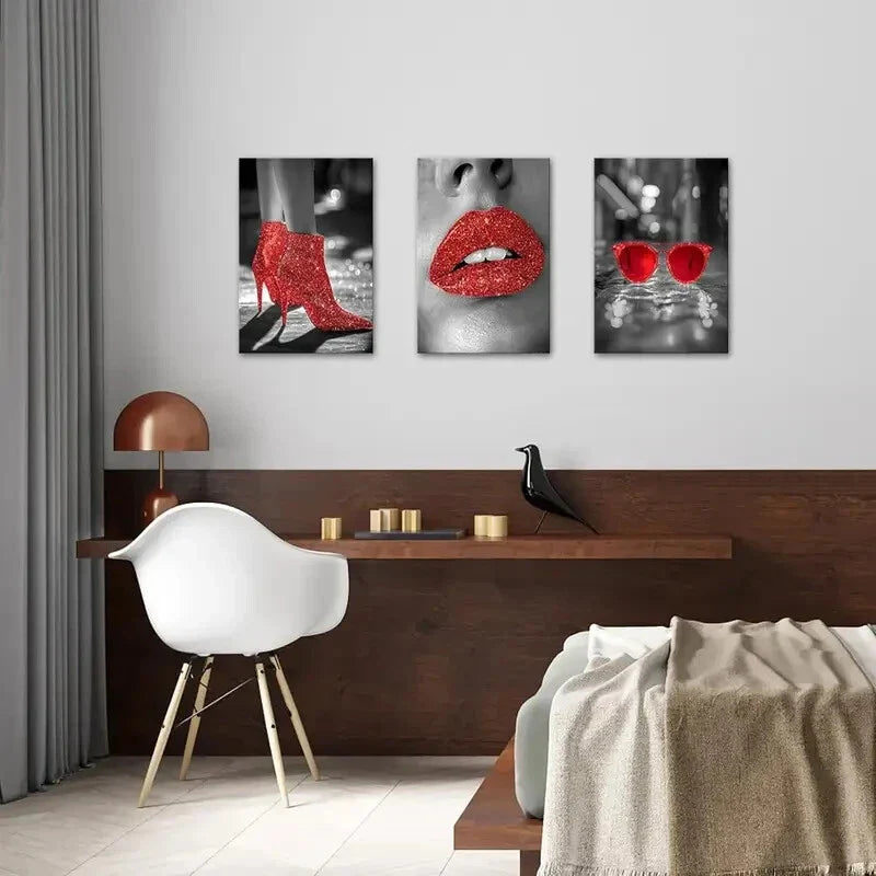 3pcs Red Lips Fashion High Heels Fashion Metal Print Ready to Hang Art