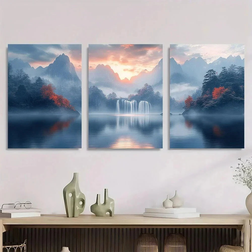 3pcs Mountain River Tree Scene Metal Print Ready to Hang Art