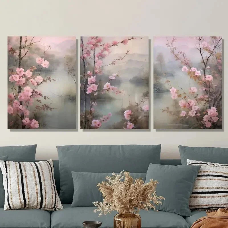3pcsElegant pink watercolor landscape in Japanese Metal Print Ready to Hang Art