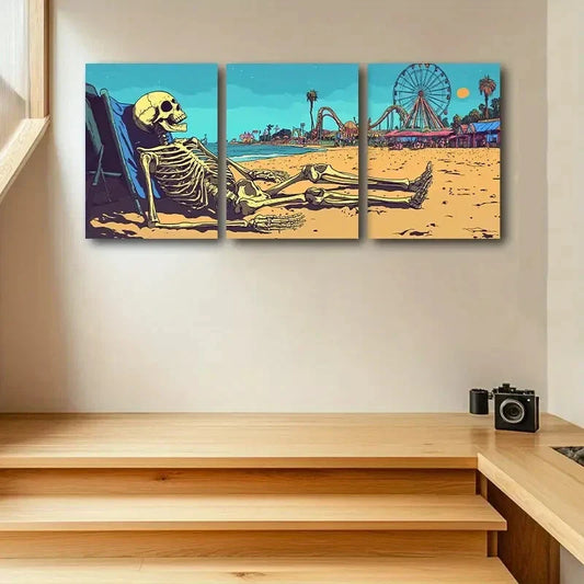 3pcs Sunbathing Skeletons Beach Scene Metal Print Ready to Hang Art