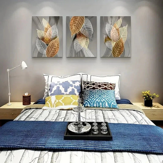 3pcs Modern Abstract Leaf Golden Blue and Gray Metal Print Ready to Hang Art