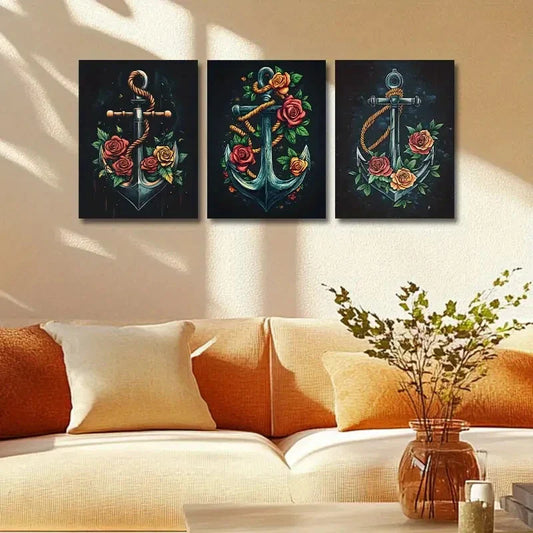3pcs An Anchor with Roses Design Metal Print Ready to Hang Art