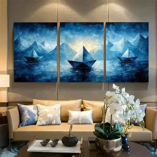 3pcs Simplistic Polygonal Nautical Boats Metal Print Ready to Hang Art