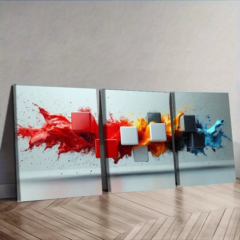3pcs Black And White Cubes Color Splash Wall Art Set Canvas Framed 40x60cm - High Quality Print 100% Australian Made Wall Canvas Ready to Hang