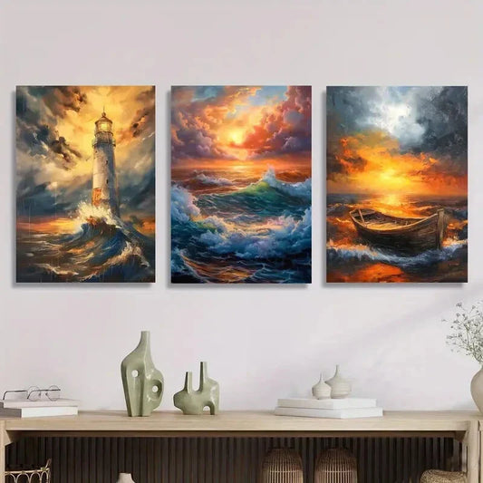 3pcs Lighthouse Landscape Portrait Orientation Metal Print Ready to Hang Art