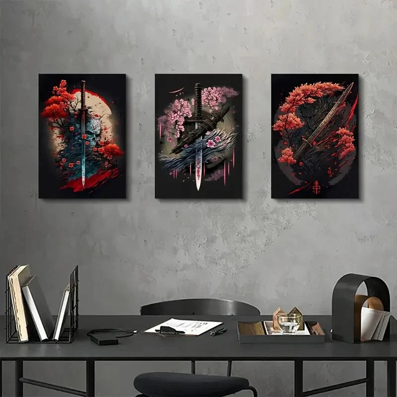 3pcs Abstract warrior swordplay painting Metal Print Ready to Hang Art