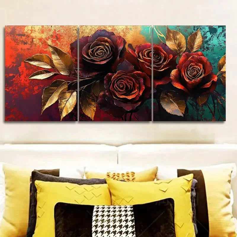 3pcs A painting of a rose in Golden leaf Metal Print Ready to Hang Art