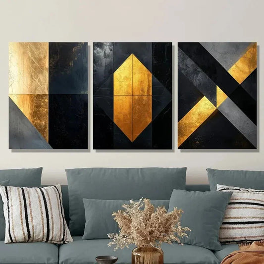 3pcs Abstract Golden and Black Geometric Metal Print Ready to Hang Art