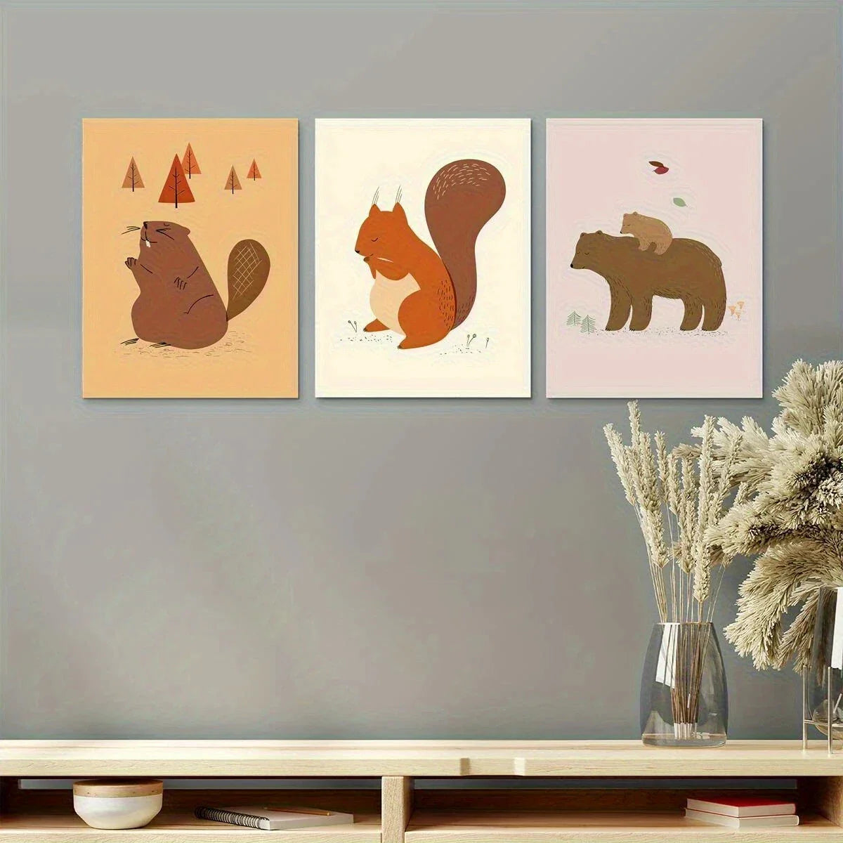 3pcs Animal Beaver Cute Squirrel Big Bear Metal Print Ready to Hang Art