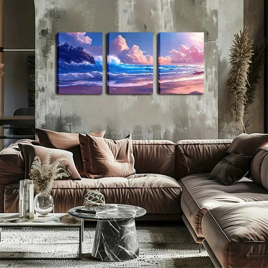 3pcs Featuring Waves And Rocks Wall Art Set Canvas Framed 40x60cm - High Quality Print 100% Australian Made Wall Canvas Ready to Hang