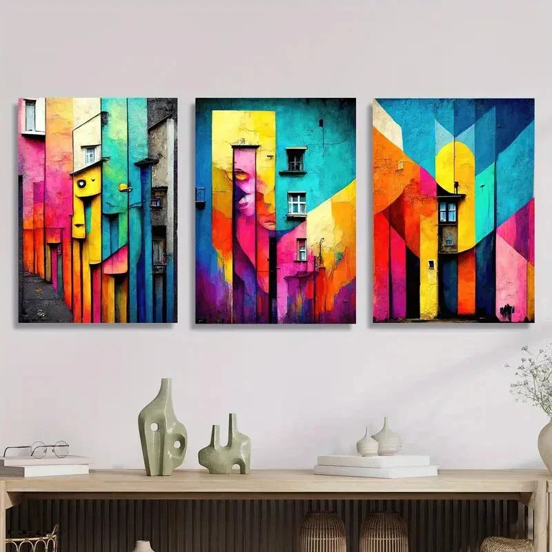 3pcs Abstract Colorful Street Architecture Metal Print Ready to Hang Art