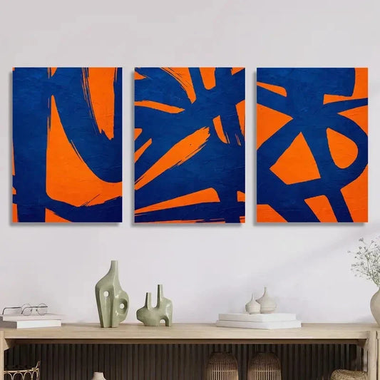 3pcs Orange & Blue Hand-in-Hand Design Metal Print Ready to Hang Art