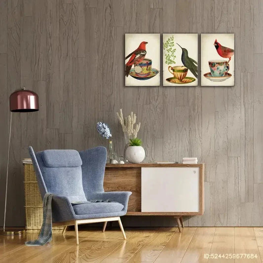 3pcs Vibrant Bird & Teacup Modern Style Metal Print Ready to Hang Art