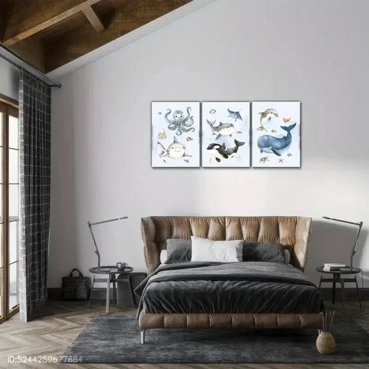 3pcs Coastal Sea Animals Decorative Poster Metal Print Ready to Hang Art