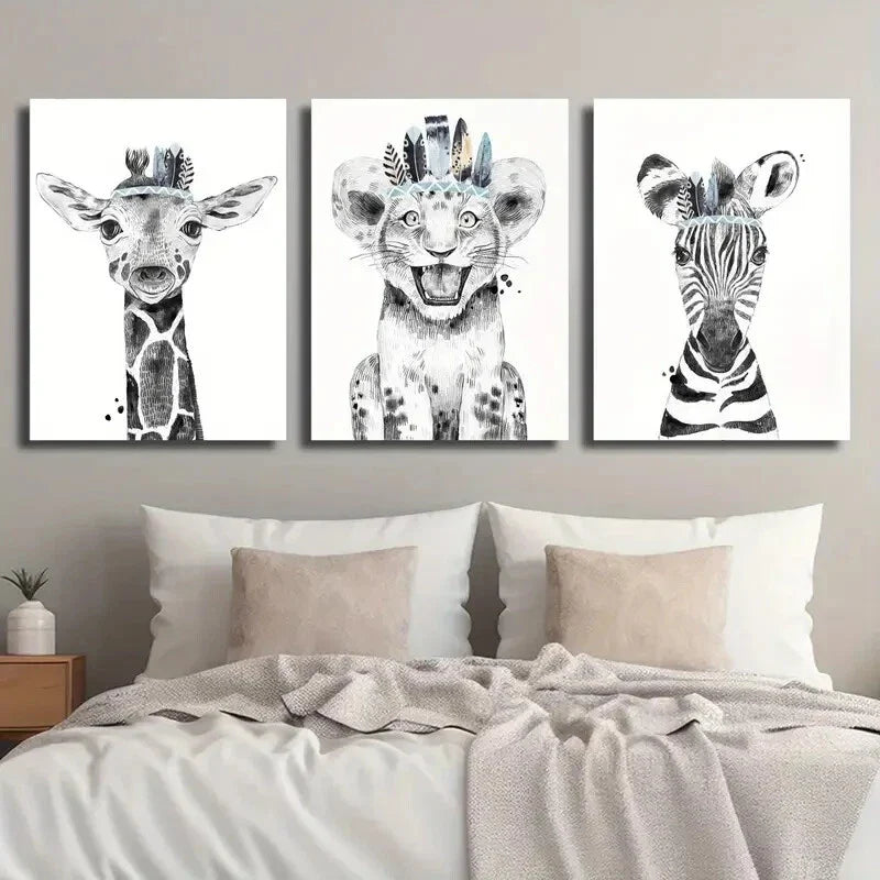 3pcs Black & White Animal Giraffe Lion and Zebra Metal Print Ready to Hang Art