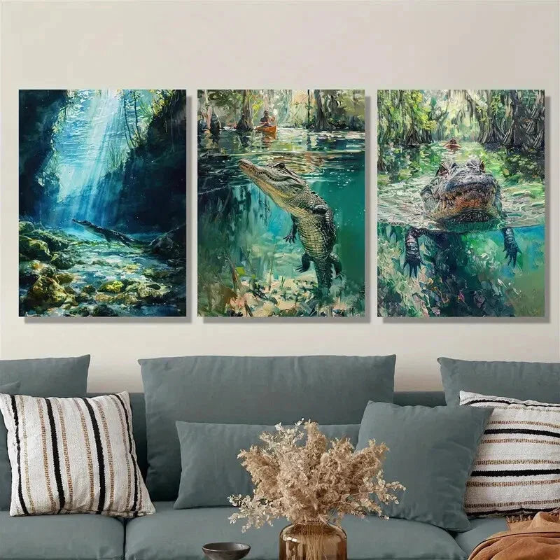 3pcs crocodiles in water, crocodile swamp, Metal Print Ready to Hang Art