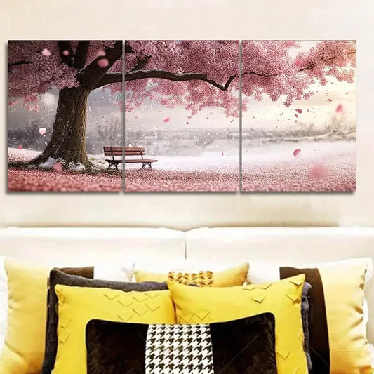 3pcs A Large Tree with Pink Flowers Painting Metal Print Ready to Hang Art