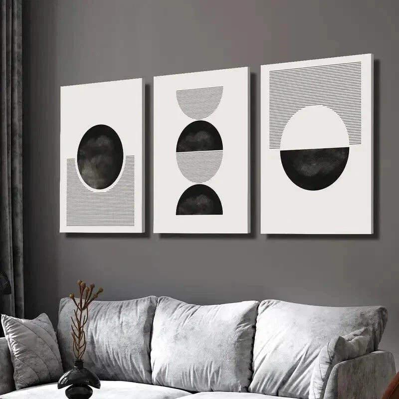 3pcs Black and White Geometric Circle and Line Wall Art Set Canvas Framed 40x60cm - High Quality Print 100% Australian Made Wall Canvas Ready to Hang