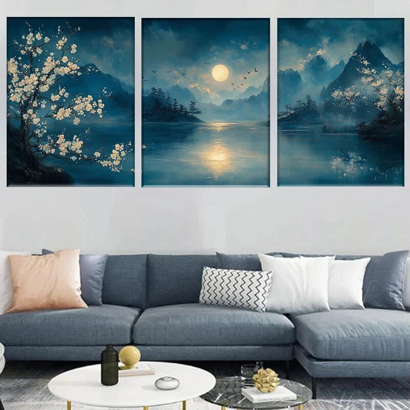 3pcs Moonlight Night Scenery Mountain Lake Metal Print Ready to Hang Art