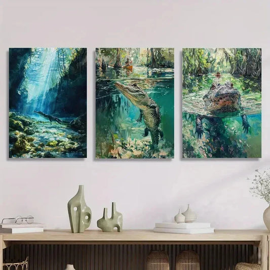 3pcs crocodiles in water, crocodile swamp, Metal Print Ready to Hang Art