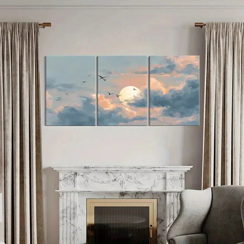 3pcs Sky Scene Birds Flying Full Moon Cloudy Metal Print Ready to Hang Art