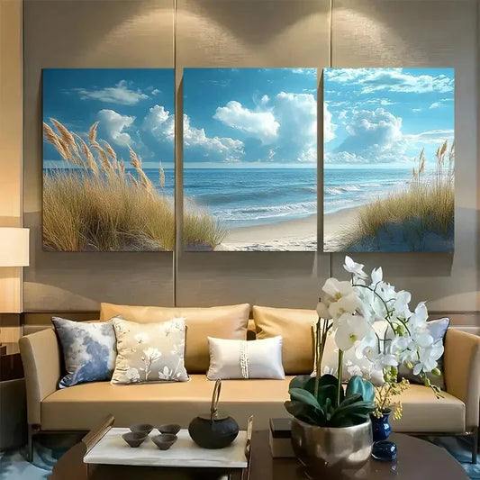 3pcs Seashore Whisper Somber Sky and Blue Water Metal Print Ready to Hang Art