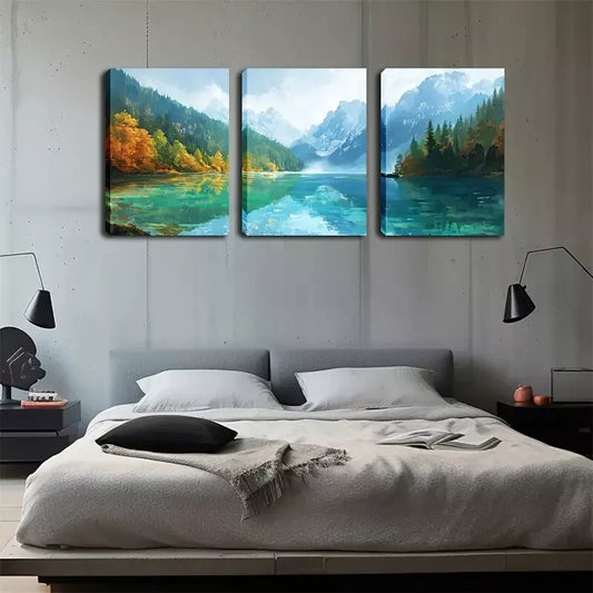 3pcs Vibrant Green Lake and Mountain Landscape Wall Art Set Canvas Framed 40x60cm - High Quality Print 100% Australian Made Wall Canvas Ready to Hang