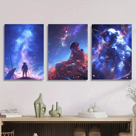 3pcs fantasy starry sky and astronauts, Metal Print Ready to Hang Art