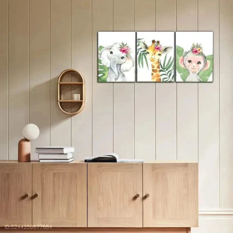 3pcs Artistic Display Wild Animal Cubs Plants Metal Print Ready to Hang Art