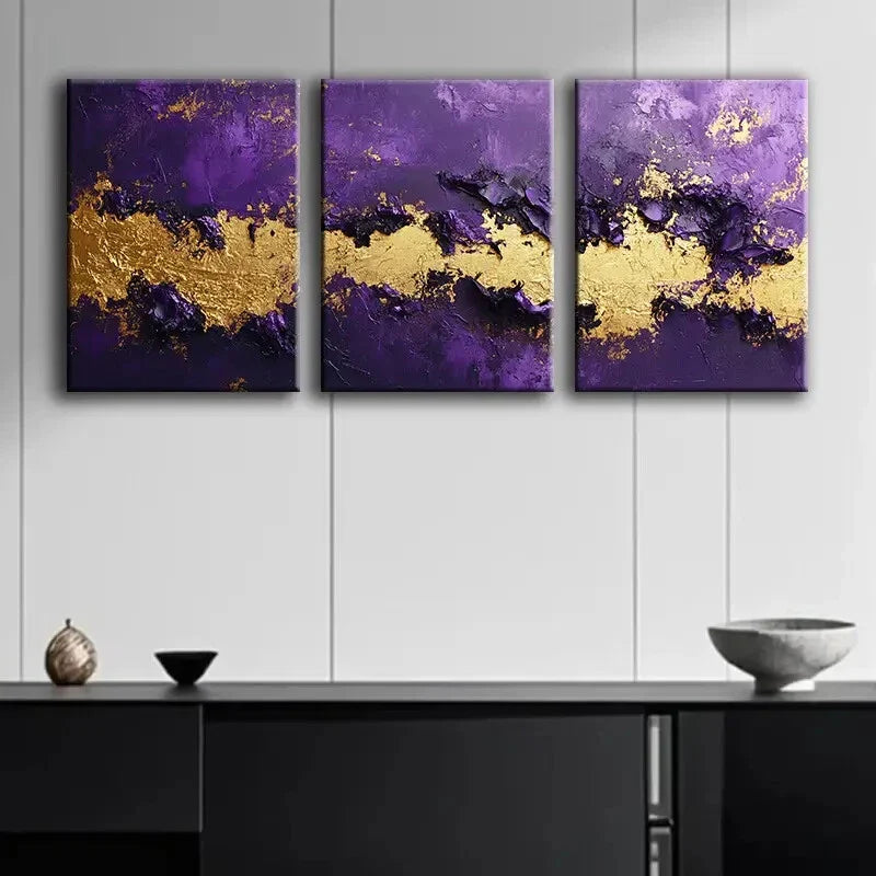 3pcs Purple and Golden Abstract Design Perfect Wall Art Set Canvas Framed 40x60cm - High Quality Print 100% Australian Made Wall Canvas Ready to Hang