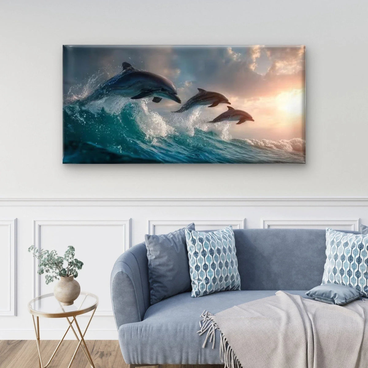 Dolphin Trio Leaping Dolphins Ocean Wall Art Canvas Office Home Room Framed 80x45cm