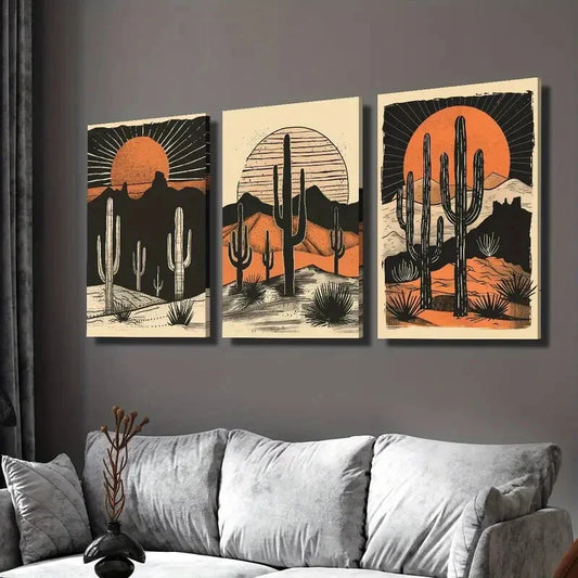 3pcs Desert Cactus Sunset Wall Art Set Canvas Framed 40x60cm - High Quality Print 100% Australian Made Wall Canvas Ready to Hang
