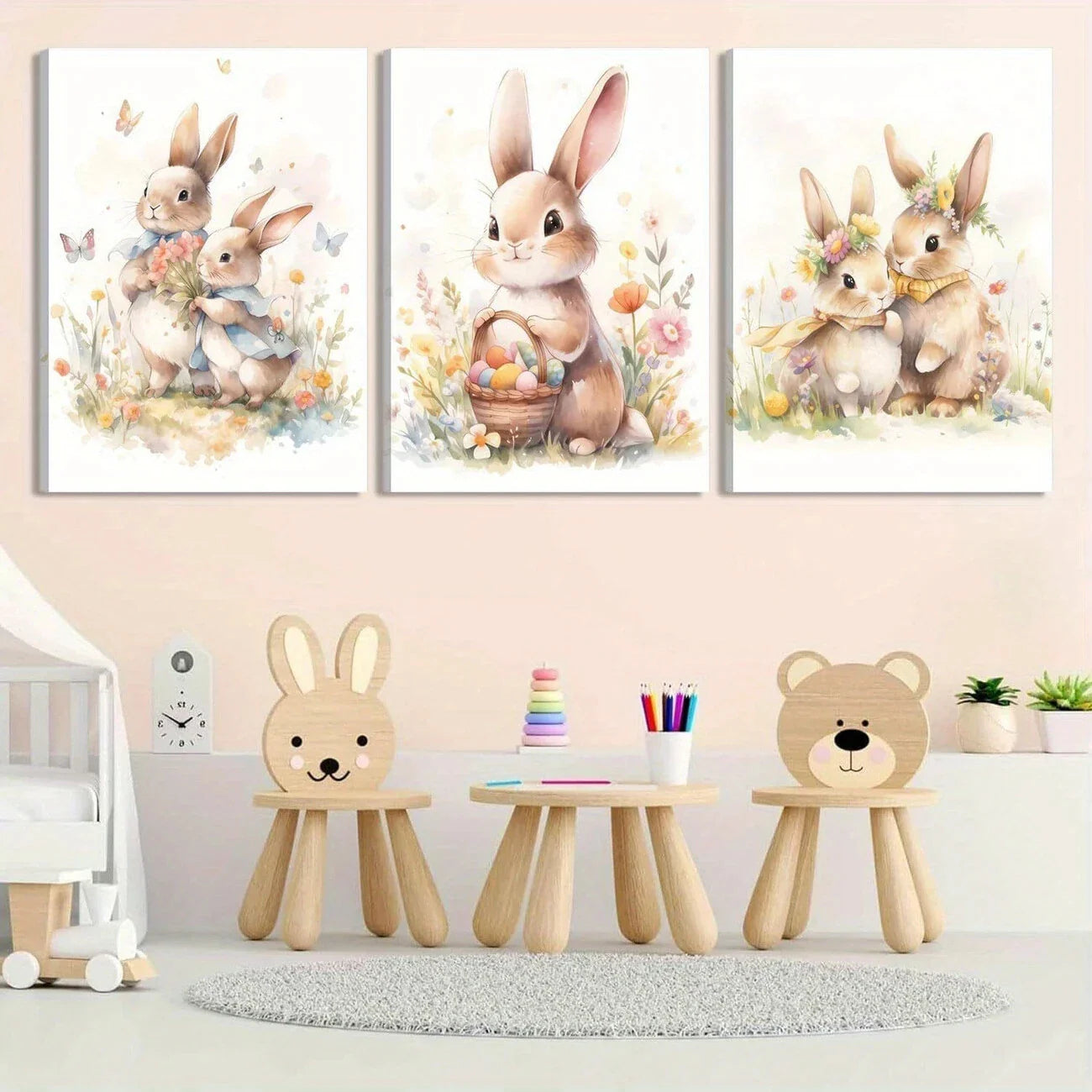 3pcs Cutest Bunnies Holding Bags On Hand Metal Print Ready to Hang Art