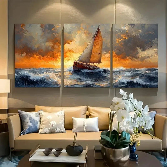 3pcs Brown Ship Sailing Ocean Metal Print Ready to Hang Art