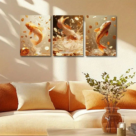 3pcs Modern Golden Carp Design Metal Print Ready to Hang Art