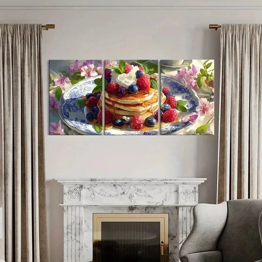 3pcs Pancake Stack Berries Whipped Cream Mint Metal Print Ready to Hang Art