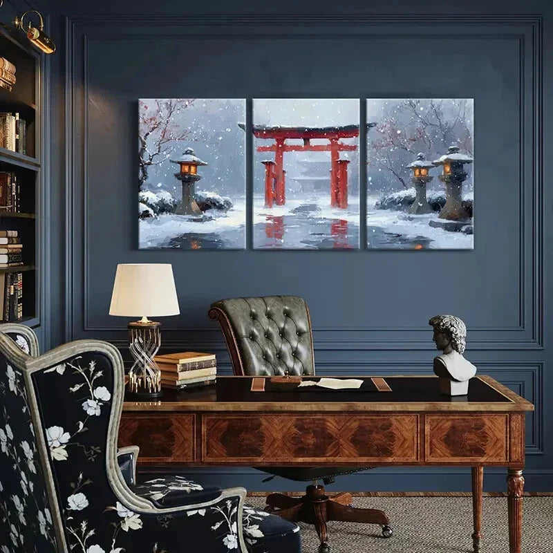 3pcs Snowy Winter Wonderland with Red Lanterns Metal Print Ready to Hang Art