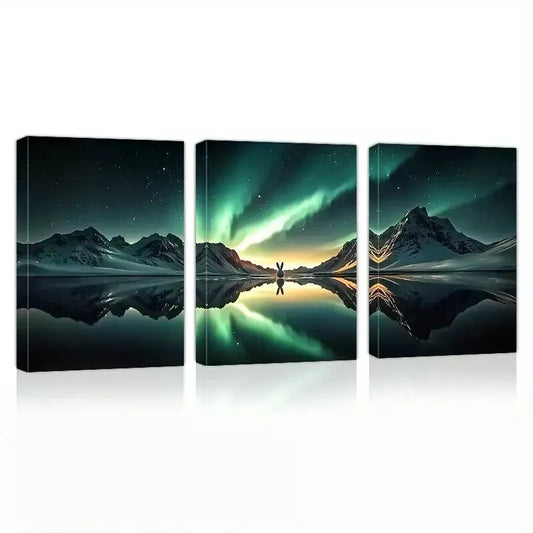 3pcs Charming Aurora Mountains Lake Night Sky Wall Art Set Canvas Framed 40x60cm - High Quality Print 100% Australian Made Wall Canvas Ready to Hang