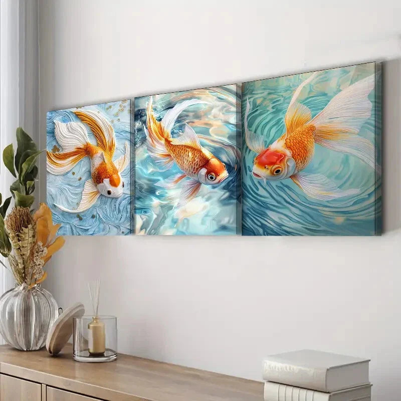3pcs Set Golden Koi Fish Colorful Orange Perfect Wall Wall Art Set Canvas Framed 40x60cm - High Quality Print 100% Australian Made Wall Canvas Ready to Hang