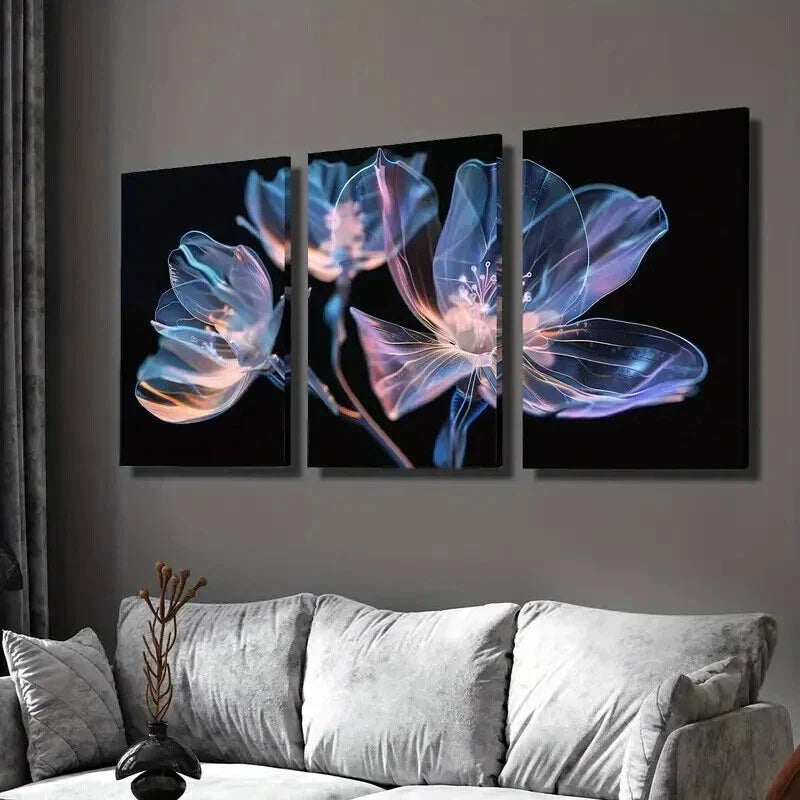 3pcs Vibrant Pink and Blue Crystal Flowers Wall Art Set Canvas Framed 40x60cm - High Quality Print 100% Australian Made Wall Canvas Ready to Hang