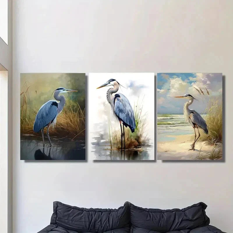 3pcs Nature with Stork in Wetlands & Beach scene Metal Print Ready to Hang Art