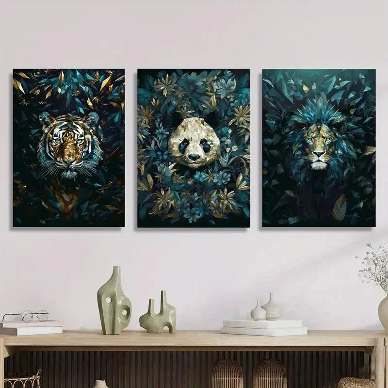 3pcs Blue geometric animal poster, animal Metal Print Ready to Hang Art