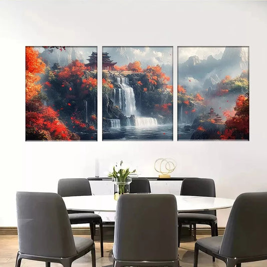 3pcs Autumn Waterfall Chinese Landscape Wall Art Set Canvas Framed 40x60cm - High Quality Print 100% Australian Made Wall Canvas Ready to Hang